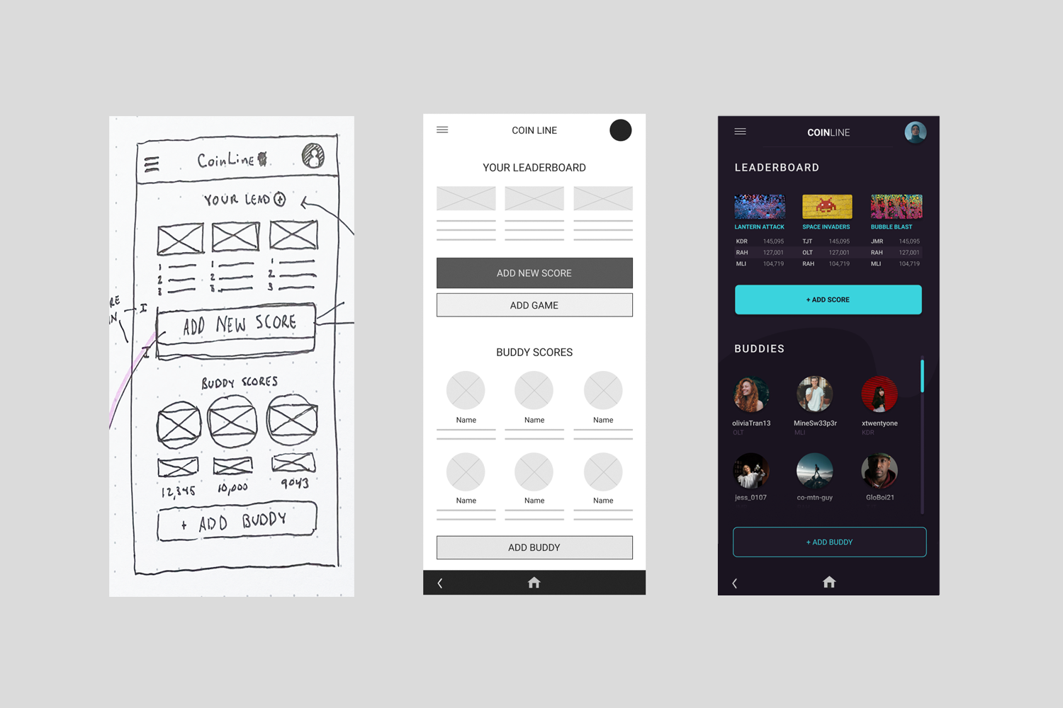A sketch, lofi mockup, and hi-fi mockup showing the progression of the app's design.