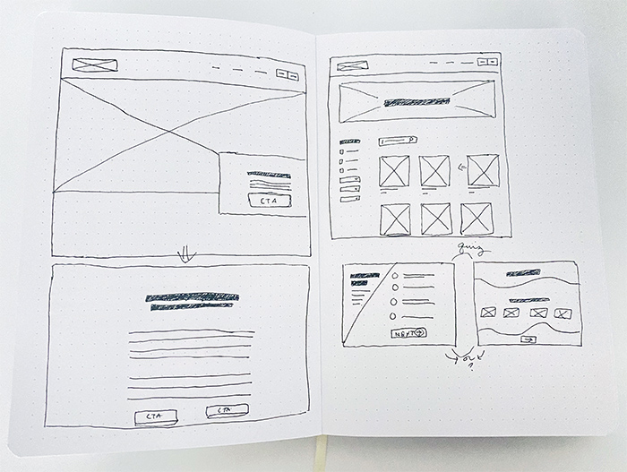 Messy paper sketches of wireframes of the website